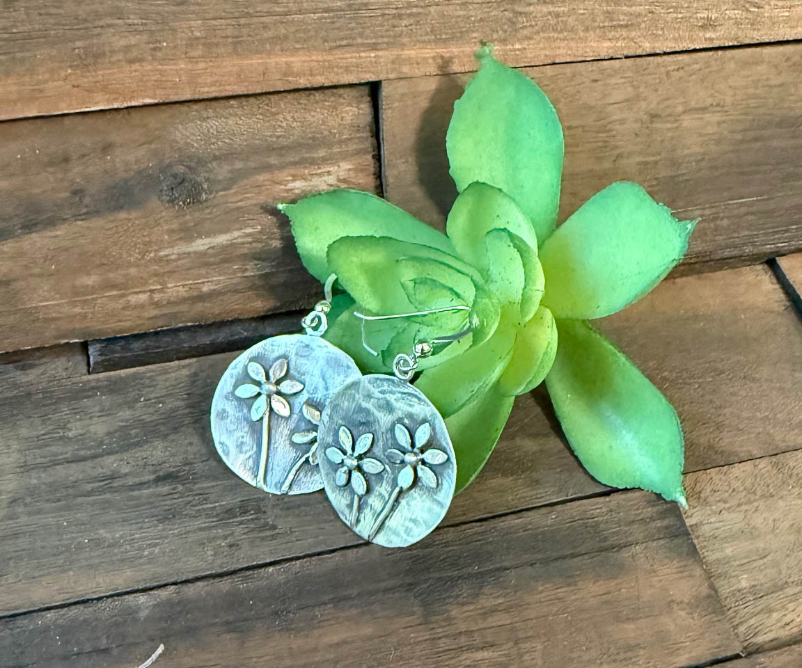 Circles with Cute Flowers Sterling Silver Earrings