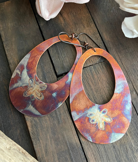 Torch Fired Copper Earrings with a Flower Decoration