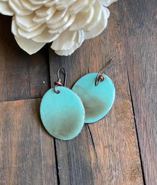 Enameled Oval Copper Earrings with Sky Blue and Tan Colors
