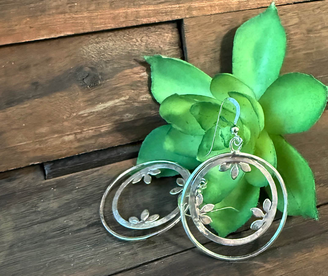 Sterling Silver Round Earrings with Dainty Flower