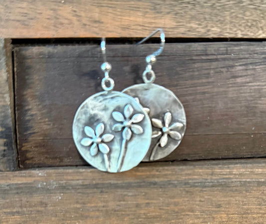 Circles with Cute Flowers Sterling Silver Earrings