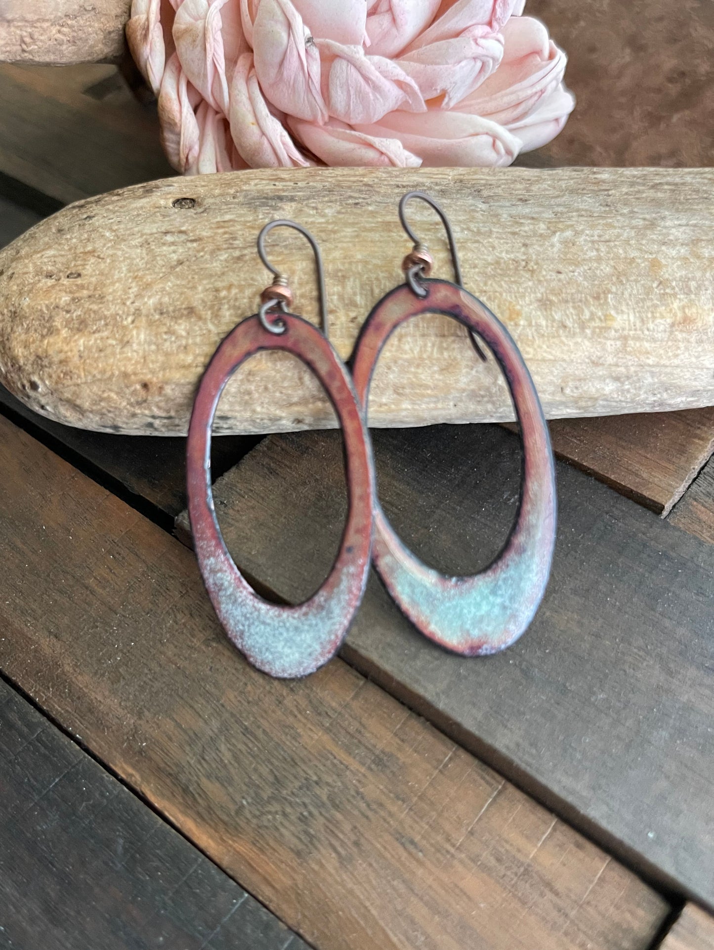 Enameled Rust with Light Blue Copper Earrings