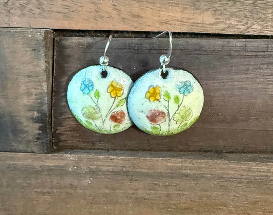 Whimsical Enamel Earrings Graphite Drawn Flowers