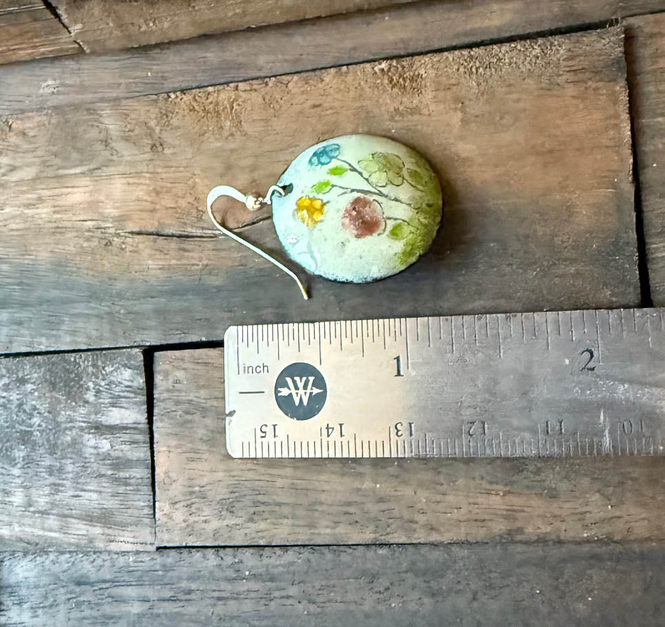 Whimsical Enamel Earrings Graphite Drawn Flowers