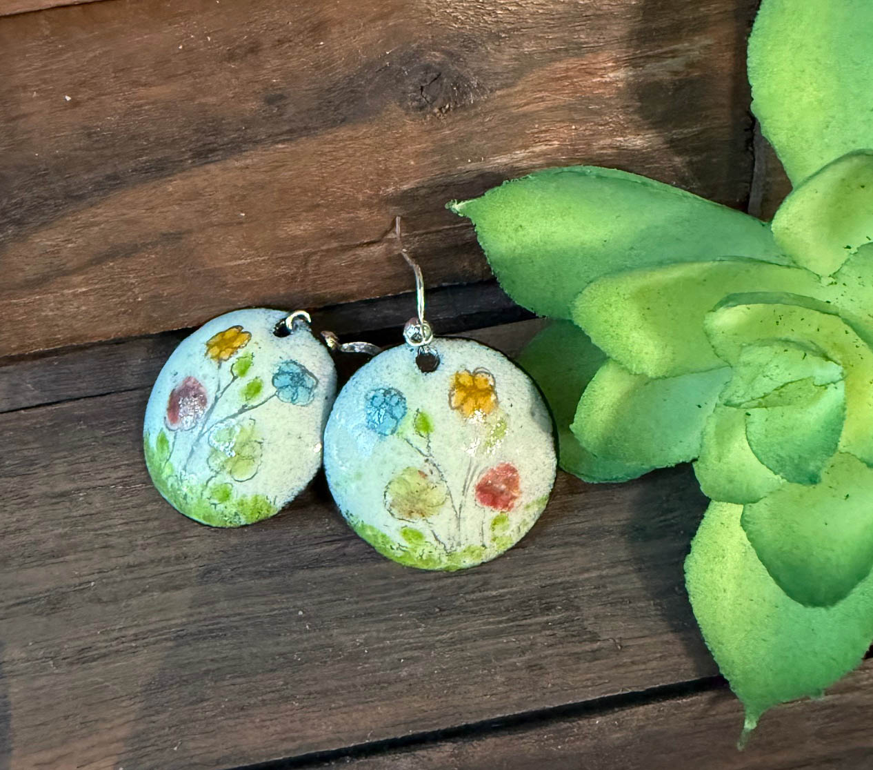 Whimsical Enamel Earrings Graphite Drawn Flowers