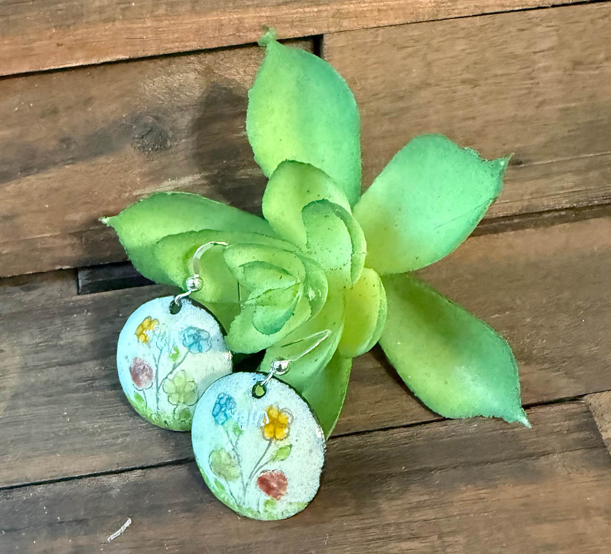 Whimsical Enamel Earrings Graphite Drawn Flowers
