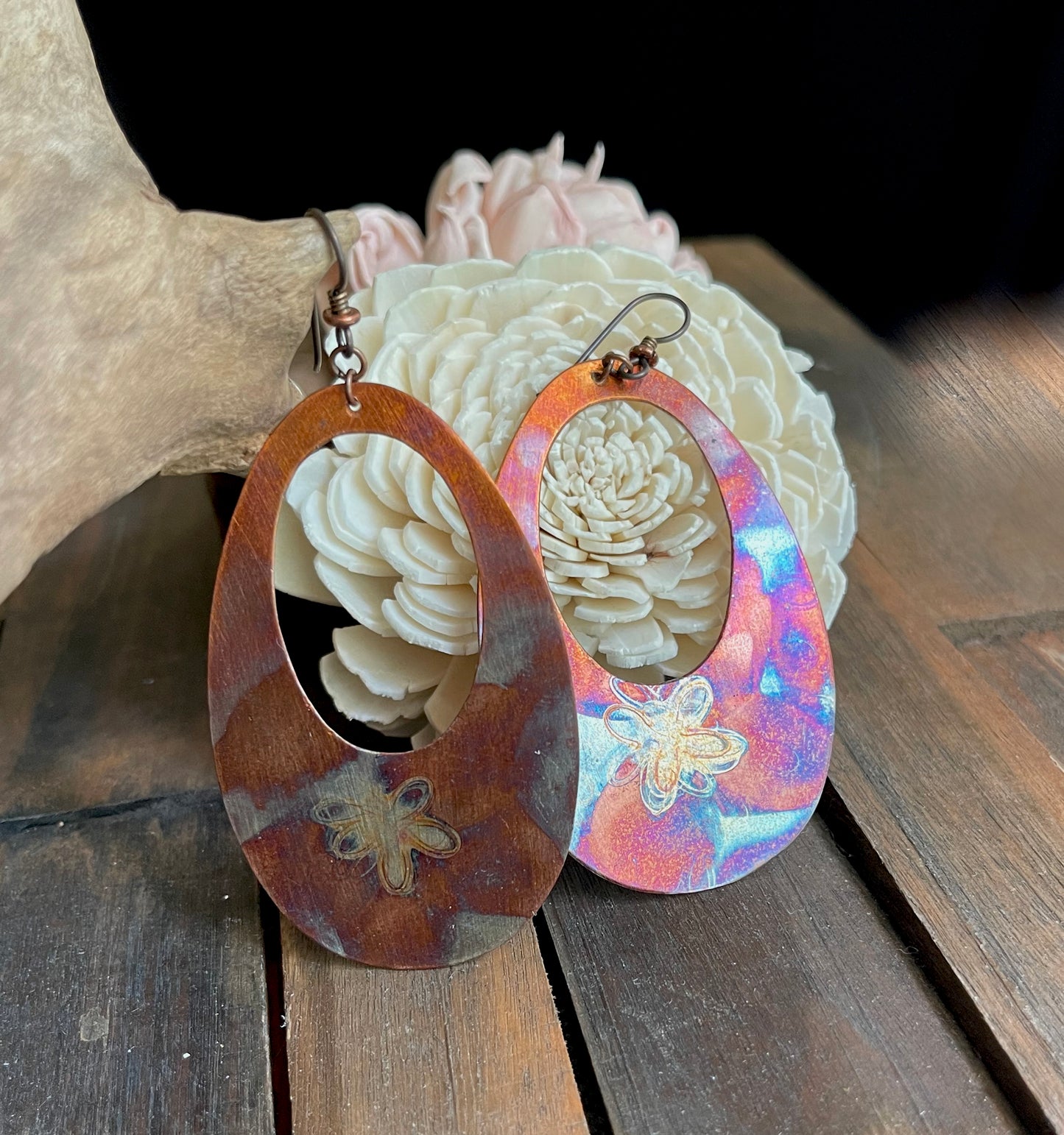 Torch Fired Copper Earrings with a Flower Decoration