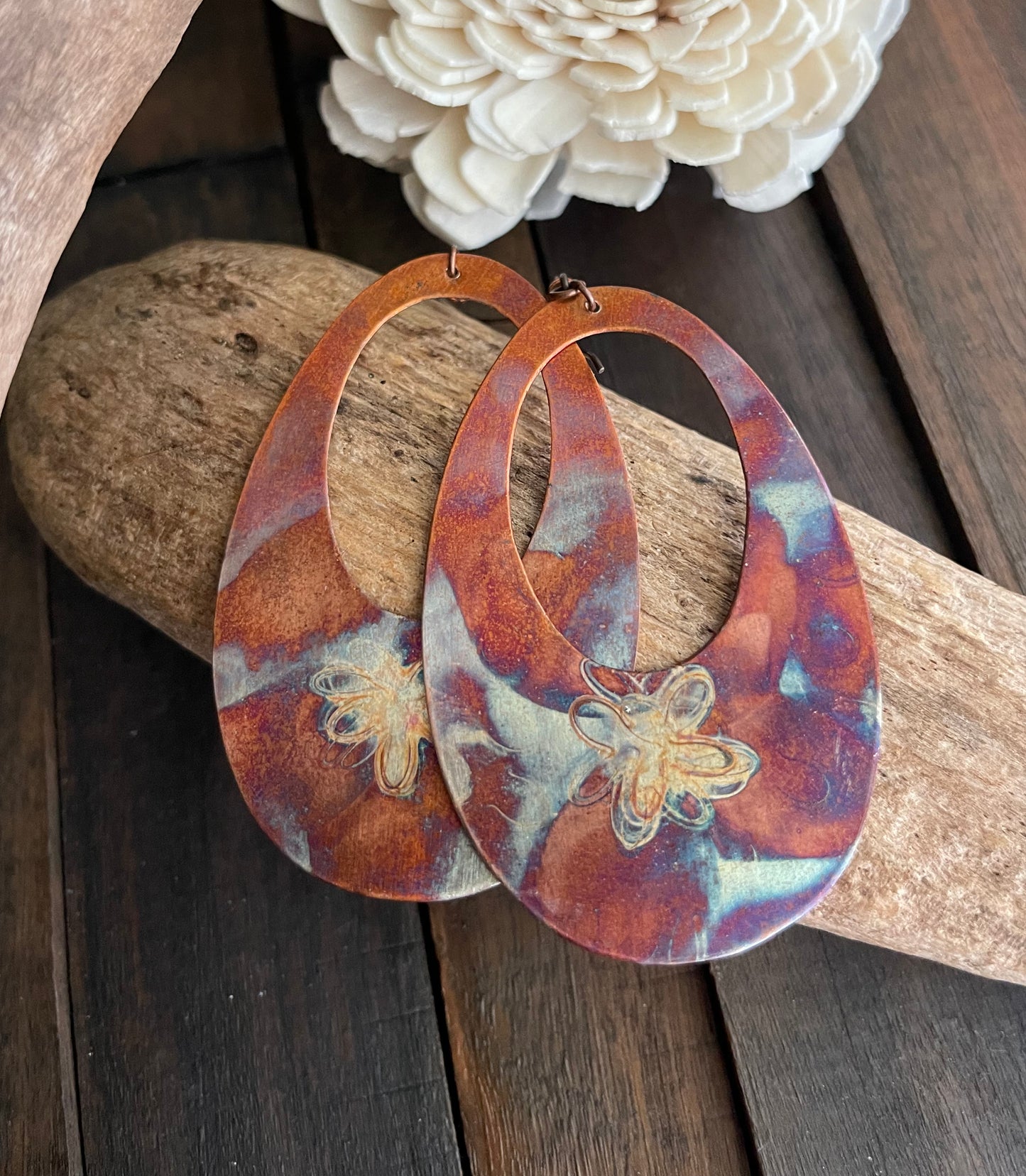 Torch Fired Copper Earrings with a Flower Decoration