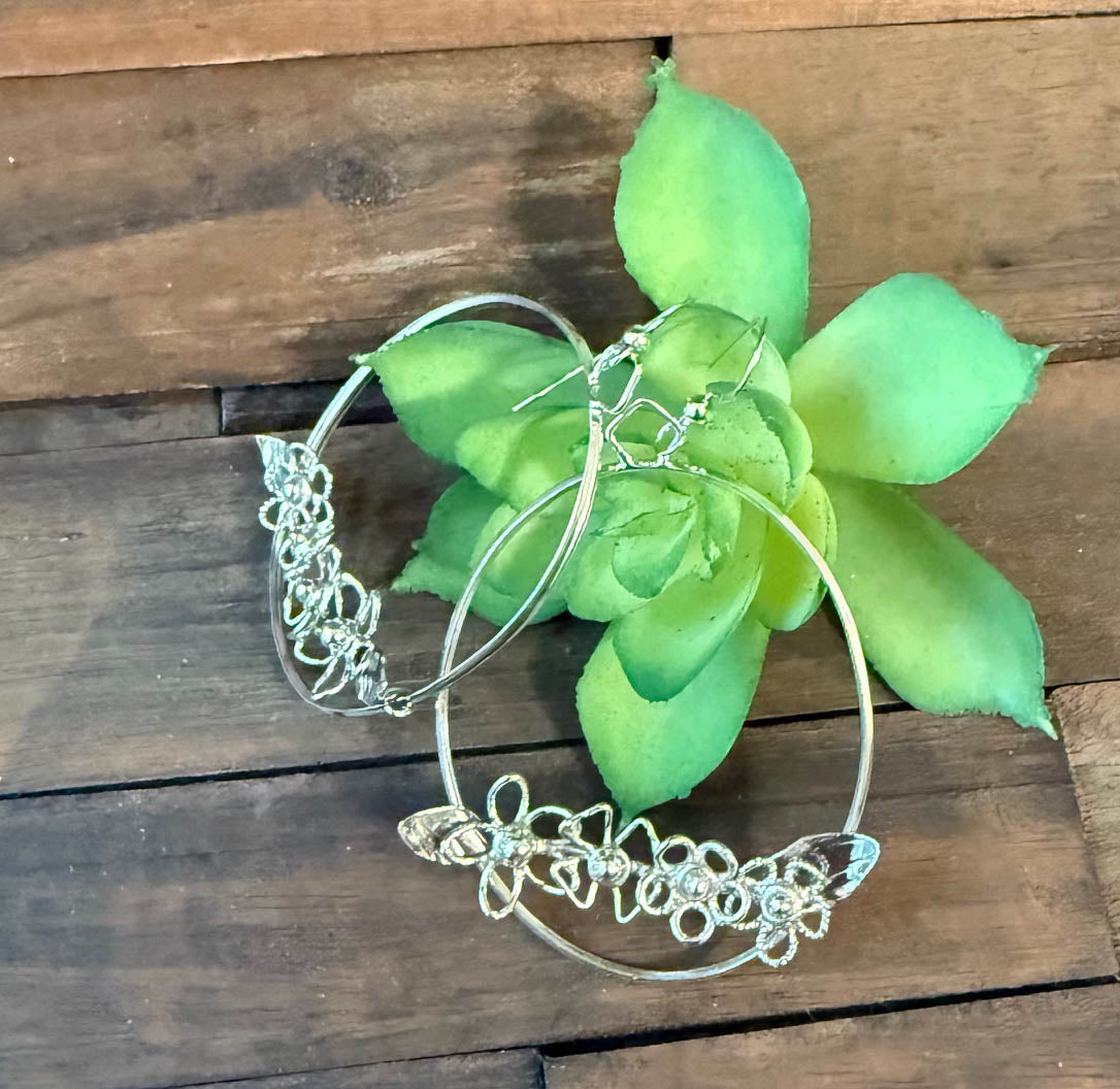 Larger Oval with Flowers Sterling Silver Earrings