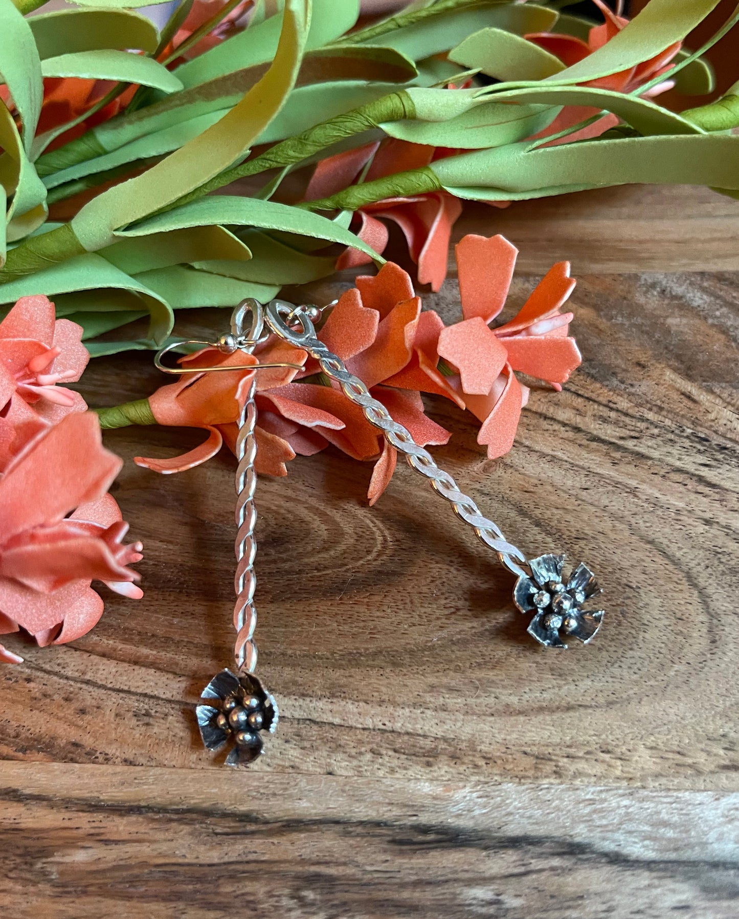 Dangling Sterling Silver Earrings with Flower